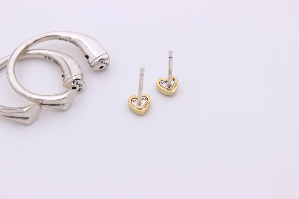 New Authentic PANDORA Hoop Earrings Two Hearts Sterling New Authentic PANDORA Hoop Earrings Two Hearts Sterling