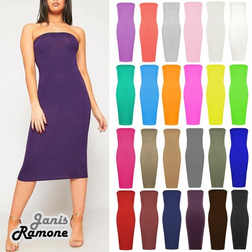 Womens Plain Strapless Boob Tube Dress Stretch Bandeau Summer Bodycon Midi  Dress | eBay
