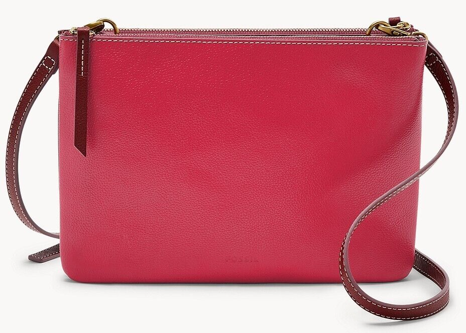 Fossil Devon Double Zip Crossbody Red Leather ZB1827600 Merlot NWT $140 MSRP F