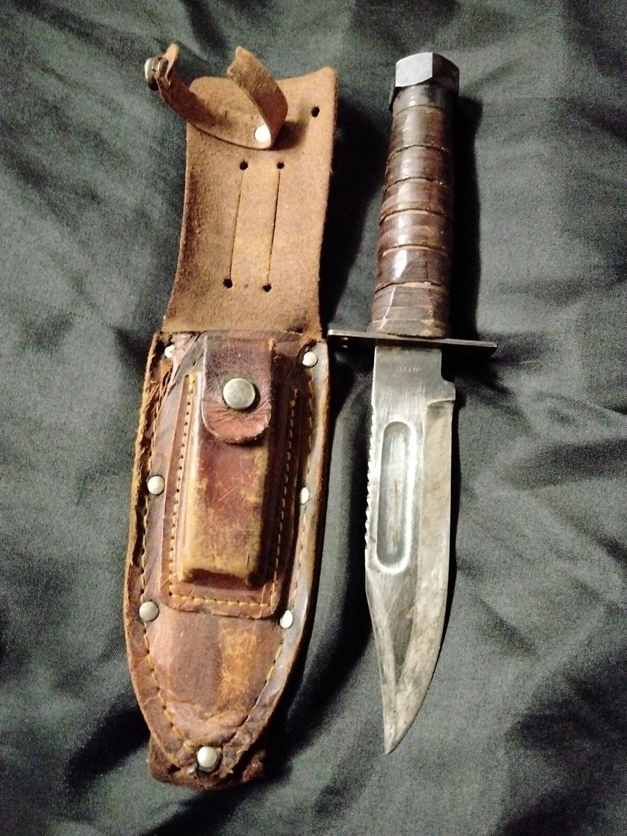Vintage Japan Pilot Knife With Leather Sheath &amp; Handle With Screw 