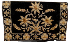 Evening Bag with Back Wrist Handle Black Velvet with Gold Thread Floral-Vintage