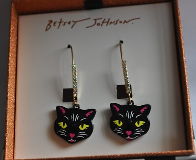 BETSEY JOHNSON HALLOWEEN BLACK CAT EARRINGS GOLD TONE