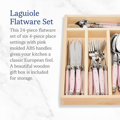 Jean Dubost Laguiole 24-Piece Everyday Flatware Set, Pink Handles