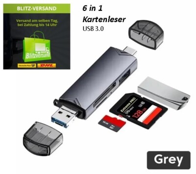 6 in 1 Kartenleser Handyspeicher grau USB 3.0 Typ-C Leser SD OTG Adapter Micro