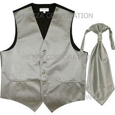 New Men's Tuxedo Vest Waistcoat Horizontal Stripes Ascot Cravat prom party Gray