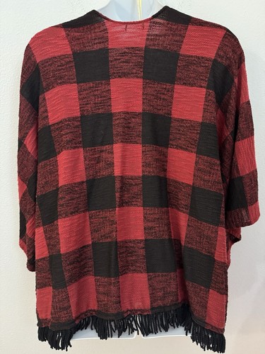 Mossimo Supply Red/Black Plaid Open Front Poncho/Cape Size L Fringe Boho Fest - Picture 3 of 6