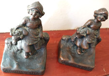 Antique bookends springtime girl with flower basket  5x3.5"