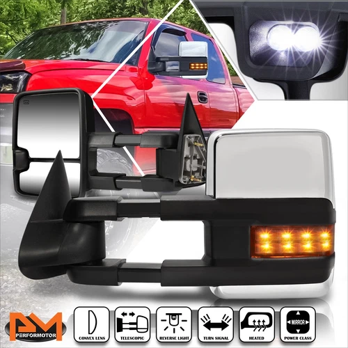 For 03-07 Silverado/Sierra Powered+Heated Chrome Towing Mirror+LED Signal Lamp