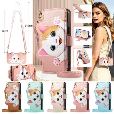 Süße Katze Hund Leder Tasche für Samsung S26 Ultra S25 FE S24 Flip Wallet Lanyard