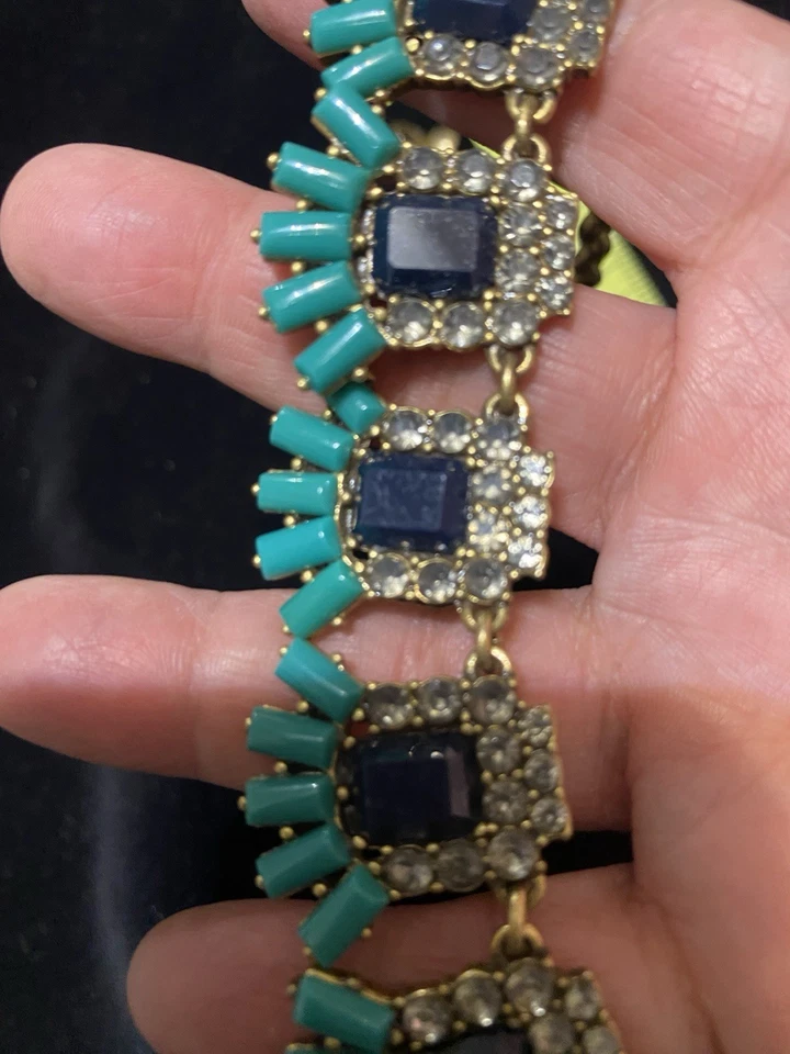 J.Crew заявление ожерелье зеленый синий Rhinenstone нагрудник коренастый золотистый цепочка 20» - Изображение 4 из 4