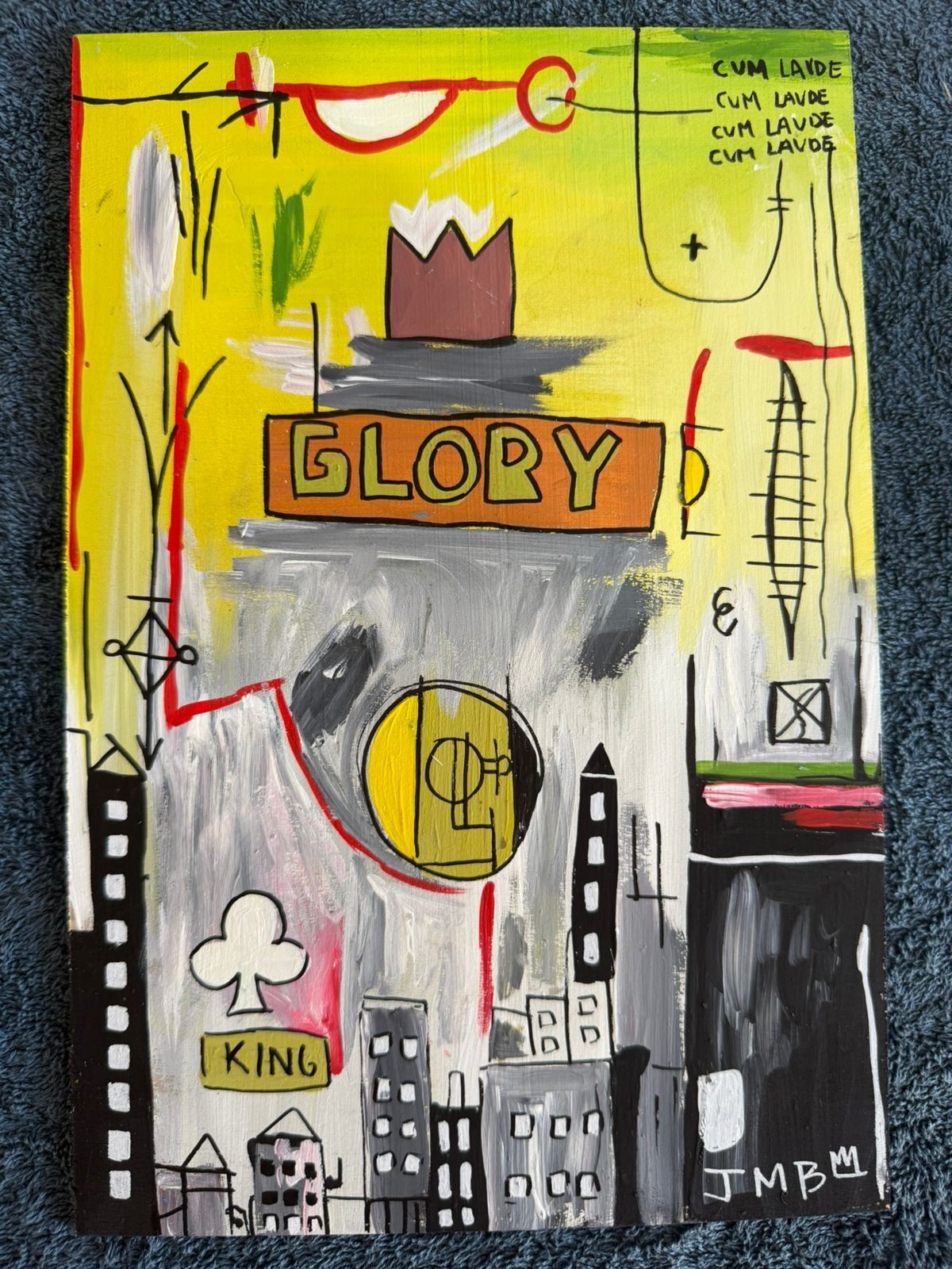 BASQUIAT drawing and painting on old wood signed stamped vintage