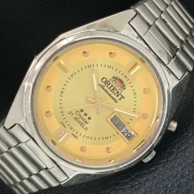 ORIGINAL VINTAGE ORIENT KRISTALL AUTOMATIK JAPAN HERREN GOLDENES ZIFFERBLATT UHR a706961-2