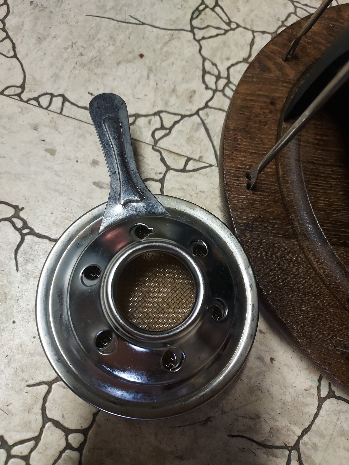 Vintage 1970s MCM Avocado Green Enameled Fondue Pot w/Wood Base Complete Set