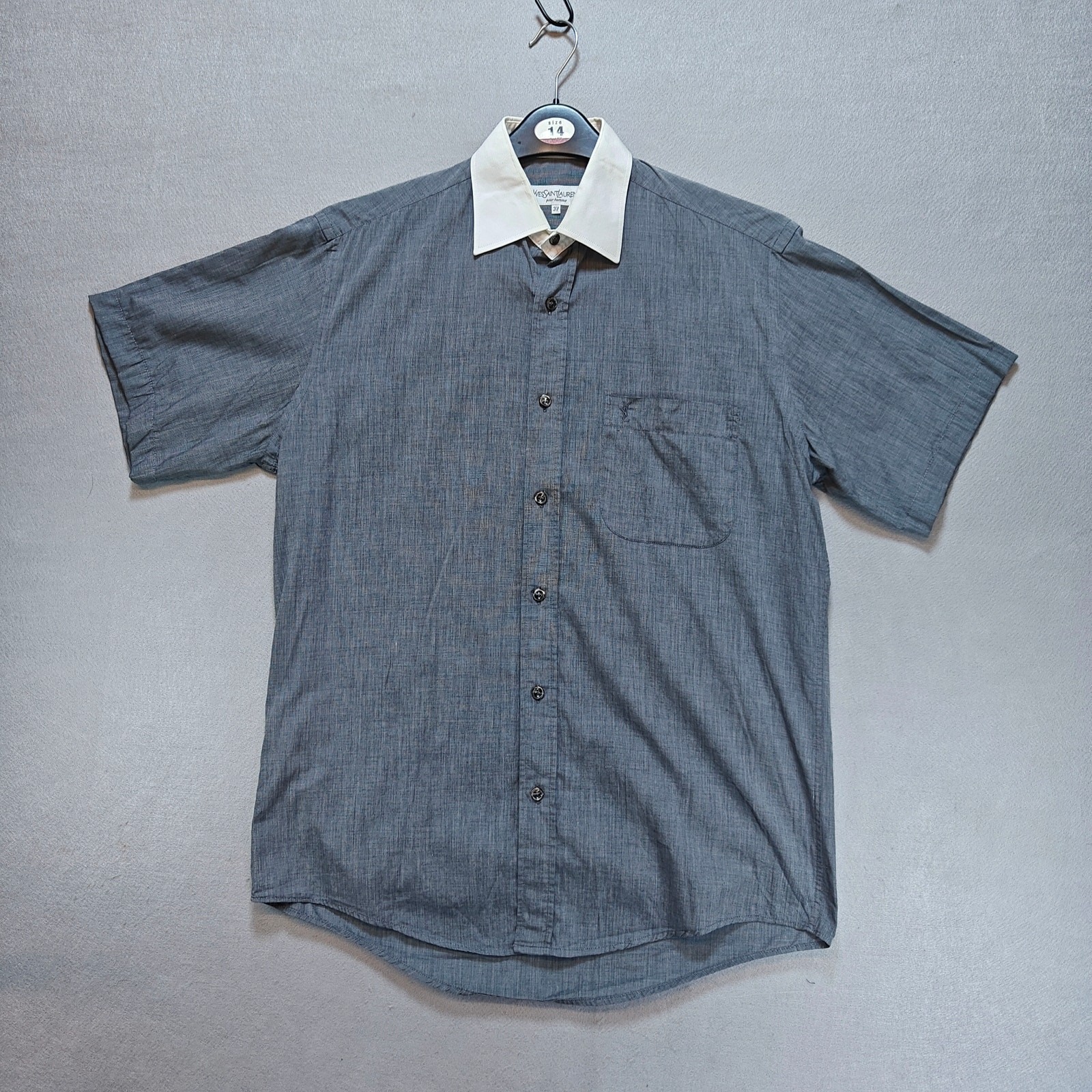 SAINT LAURENT Camicia di lusso vintage YSL a maniche corte con bottoni da uomo grigia taglia media (skuC8)