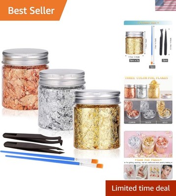 Gold Foil Flakes with Tweezers and Brush, 3 Colors Imitation Gold Foil Flakes...
