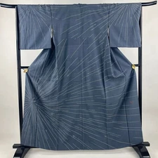 Japanese Silk Houmongi Kimono M 161cm Gray Pine needle Geometry Sashiko 5015538