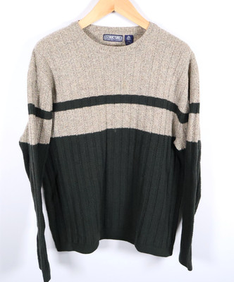 Structure Wool Sweater Men's Large Beige Black Stripe Ribbed Knit VTG Crewneck