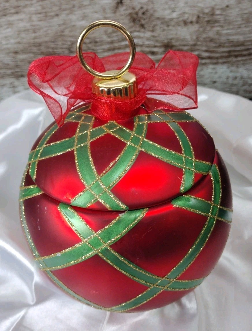Christmas Bulb Ornament Candy Treat Jar FTD Floral Red Green Gold 5"