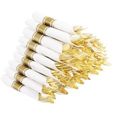 60 Pack Pre Rolled Napkins with Gold Plastic Silverware, Premium Disposable G...