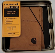Carhartt Men's Saddle Leather Trifold Wallet Carhartt Brown with Tin Box