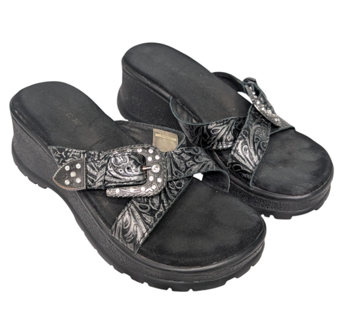 Roper Chunky Western Sandals Women 9 Black Rhinestone Buckle Strap Slip On - Picture 1 of 11