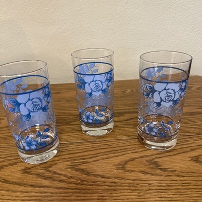 Set of 3 ~ Vintage Corelle  Blue Velvet Rose Glass Tumblers ~ 16 Oz.   MINT
