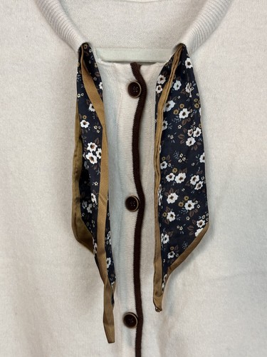 Wool Cashmere Ivory Button Up Cardigan Sweater Brown Floral Neck Scarf Bow Sz L - Picture 6 of 10