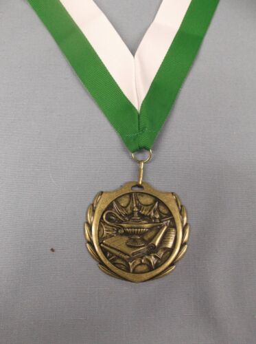 large gold lamp of knowledge  medal 2 1/2" size wide green/white neck drape - Picture 1 of 1