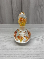 VTG Joe St Clair Art Glass Inkwell Bottle Paperweight Orange Floral 6” Tulips