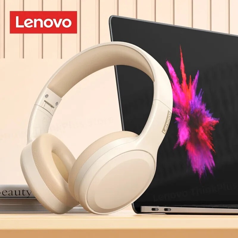 Casque Bluetooth Lenovo sans fil beige pour musique et sport