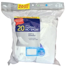 Hanes #11667 NEW Men's Shoe Size 6-12 White 20 Pair Cushion No Show Socks
