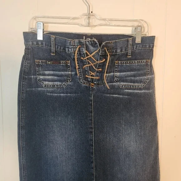 Falda vaquera vintage LEI longitud midi cuero con cordones abertura frontal años 90 y2k sin talla  Foto 3 de 4