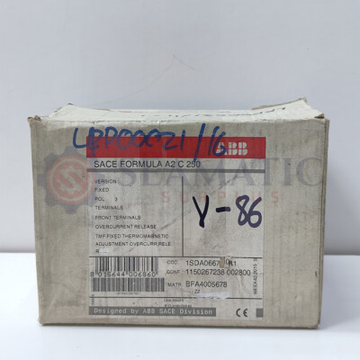 ABB MCCB 3P 250A, SACE FORMULA A2C 250, Ui=690v, Uimp=6Kv, Ue=550VAC, V#86
