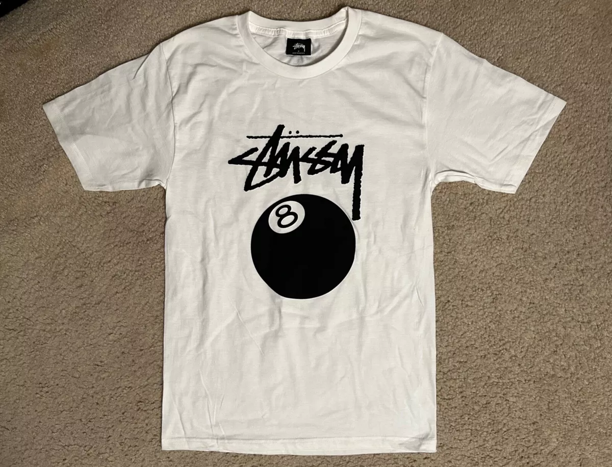 STUSSY, 8 Ball T-Shirt White Men's Size SMALL, billiards ball, mexico