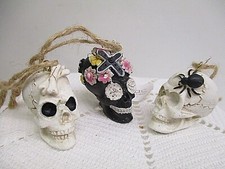 Set of 3 Miniature Skull Sugar Skull Halloween Ornaments  resin  1.5"x1.5"