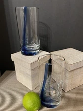 2 Vtg Libby Crisa Blue Ribbon Twist Swirl Bar Glasses With Indent’s 6" Tumblers