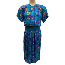 Vintage Adrianna Papell 1980s Silk Dress Teal Multicolor Floral Pleated Size 8