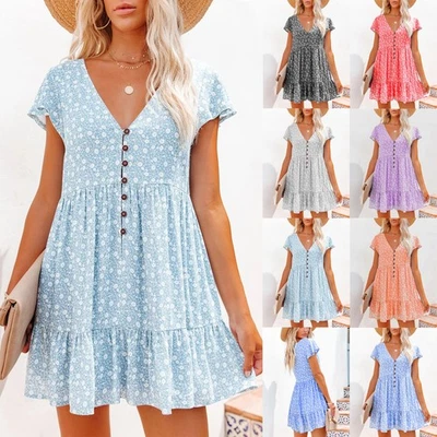 Womens Mini Smock Dress Short Sleeve Sundress Floral Beach BOHO Summer PLUS SIZE - Image 1 of 4