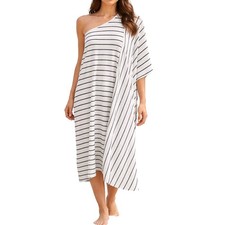 Free people beach sd panel terry cloth raglan striped one shoulder cover up M