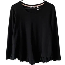 ISAAC MIZRAHI LIVE NWOT Essentials Long Sleeve Knit Top w/ Ruffle Hem L Black