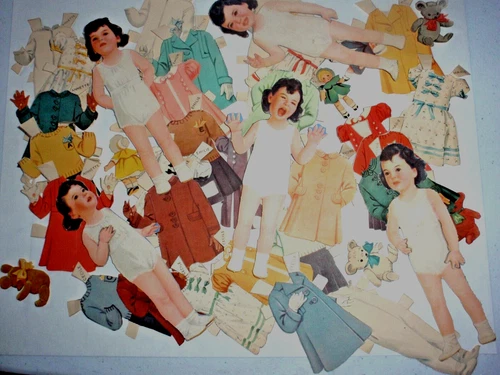 1938 Dionne Quints Paper Dolls, All 5 + 35 pieces clothing, toys + 2 Bonus doll