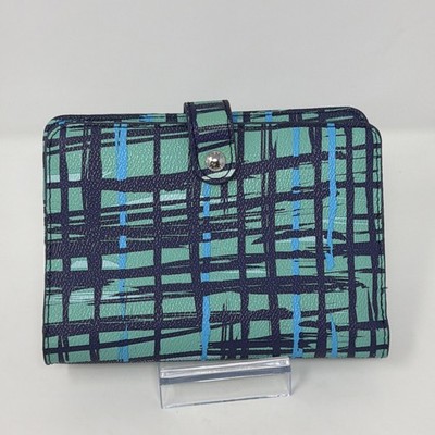 Vera Bradley Navy Teal Art Plaid Pattern Faux Leather Wallet Snap N.O.S