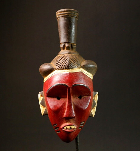 African Wooden Mask Red Face Headdress Tribal Wall Hanging Sculpture-G3021
