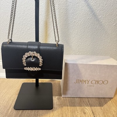 Jimmy Choo Madeline Black Leather Crystal Buckle Chain Shoulder Bag NEW w/ Box