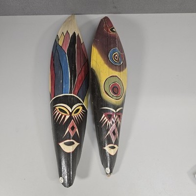Haitian Palm Frond Masks Pair Set Wall Hand-Painted Decor Haiti