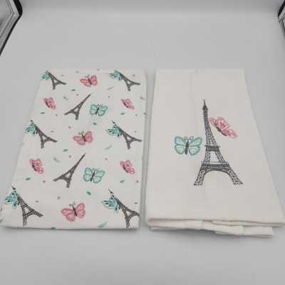 Eiffel Tower Butterfly Set Of 2 Kitchen Cotton Hand Towels White Gray