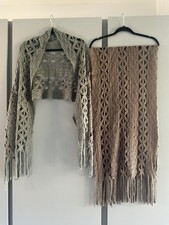 2 x Vintage Long Loose Weave Knit Scarf Wrap Shawl Fringe Wool Blend YU YU PARIS