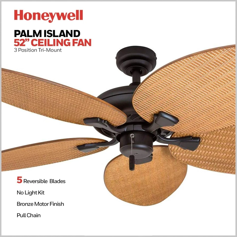 Tropical 52-Inch Indoor Outdoor Ceiling Fan - 5 Palm Leaf Blades, Bronze Finish - Image 4 of 4