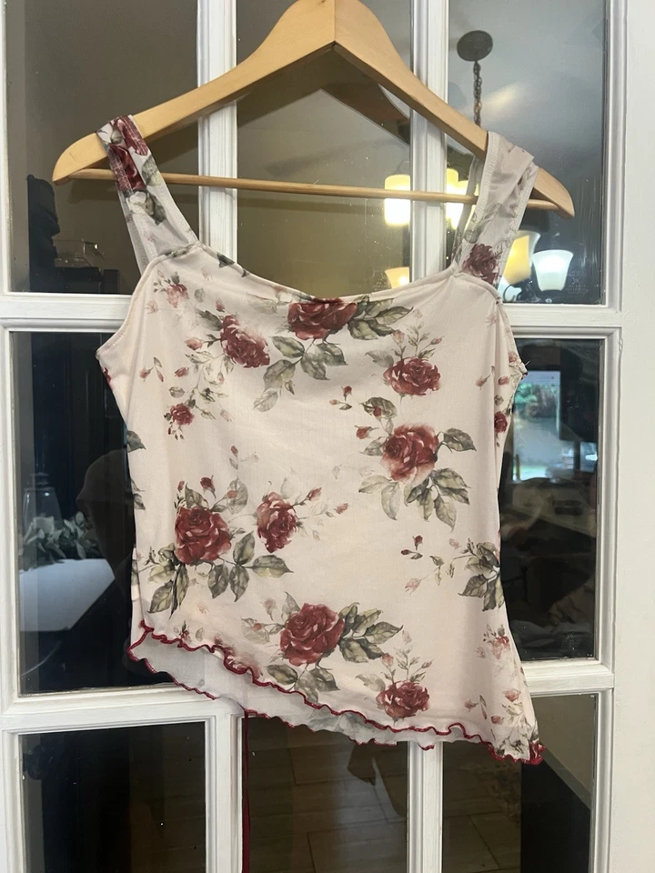 L Y2K 透明花卉玫瑰网娃娃背心仙女 Coquette 浪漫森庆 — 第 3/3 张图片