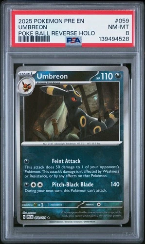 2025 POKEMON PRE EN-PRISMATIC EVOLUTIONS POKE BALL REVERSE HOLO UMBREON PSA 8